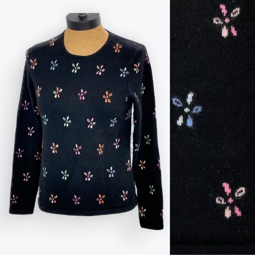 Talbots Pure Black Cashmere Flower Embroidered Sweater Stained Glass Look Medium